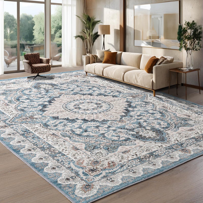 Foxmas 8x10 Area Rugs for Living Room Machine Washable Vintage Rug NonSlip Low Pile Throw Rugs with Rubber Backing Washable Carpet for Bedroom Dining Room Kitchen Home Decor Blue