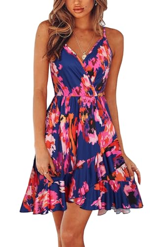 ULTRANICE Womens Summer Dress 2025 Casual Sundresses Spring Fashion Trendy Sun Dress Floral Flowy Wrap Beach Vacation Outfits V Neck Spaghetti Strap Dresses(Blue Rose Purple Floral,M) - Image 1