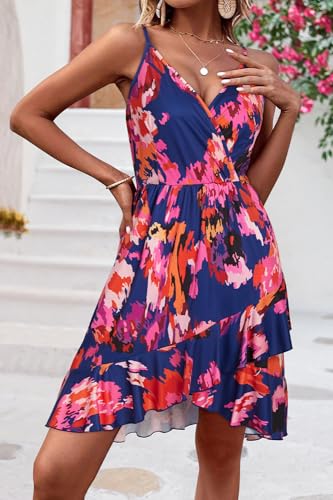 ULTRANICE Womens Summer Dress 2025 Casual Sundresses Spring Fashion Trendy Sun Dress Floral Flowy Wrap Beach Vacation Outfits V Neck Spaghetti Strap Dresses(Blue Rose Purple Floral,M) - Image 3