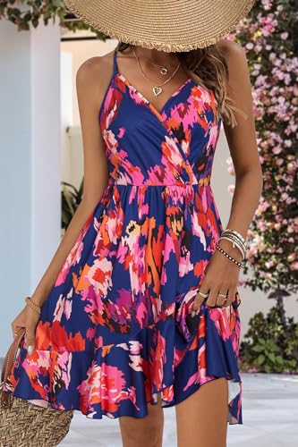 ULTRANICE Womens Summer Dress 2025 Casual Sundresses Spring Fashion Trendy Sun Dress Floral Flowy Wrap Beach Vacation Outfits V Neck Spaghetti Strap Dresses(Blue Rose Purple Floral,M) - Image 2