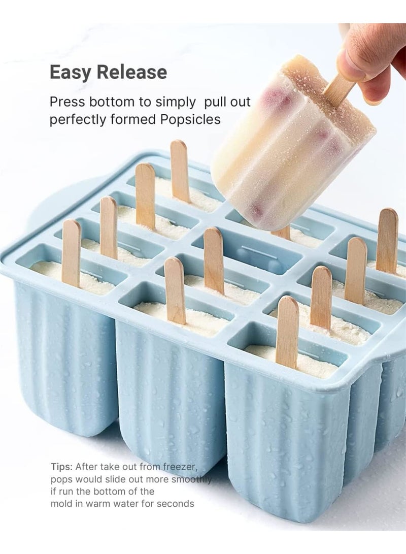 SOLARAE Popsicles Molds, 12 Pieces Silicone Ice Cream Molds Easy-Release BPA-free PopsicleMaker Molds Ice Pop Molds Homemade Popsicle Ice Pop Maker with 50PCS Sticks+Cleaning Brush (Blue) - Image 4