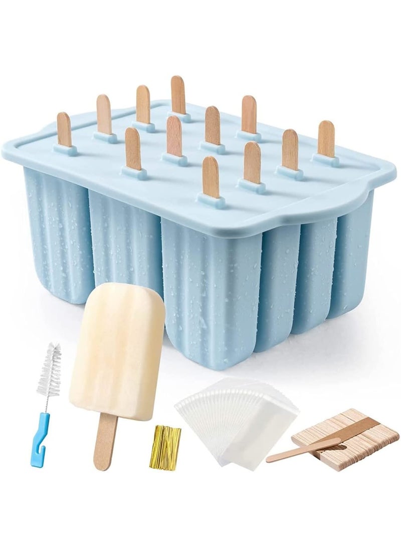 SOLARAE Popsicles Molds, 12 Pieces Silicone Ice Cream Molds Easy-Release BPA-free PopsicleMaker Molds Ice Pop Molds Homemade Popsicle Ice Pop Maker with 50PCS Sticks+Cleaning Brush (Blue) - Image 1