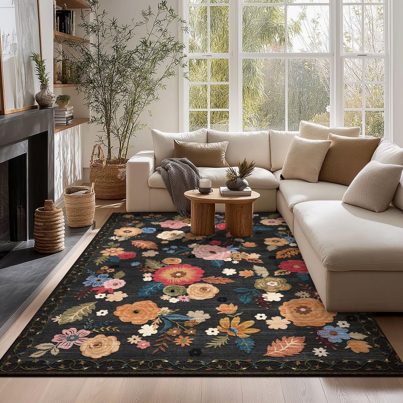 palohom 5x7 Area Rugs for Living Room: Machine Washable Rug for Bedroom Non Slip Low Pile Soft Faux Wool Non Shedding Distressed Vintage Floral Carpet for Dining Room Kitchen Nursery Farmhouse Entryway Indoor - Image 3
