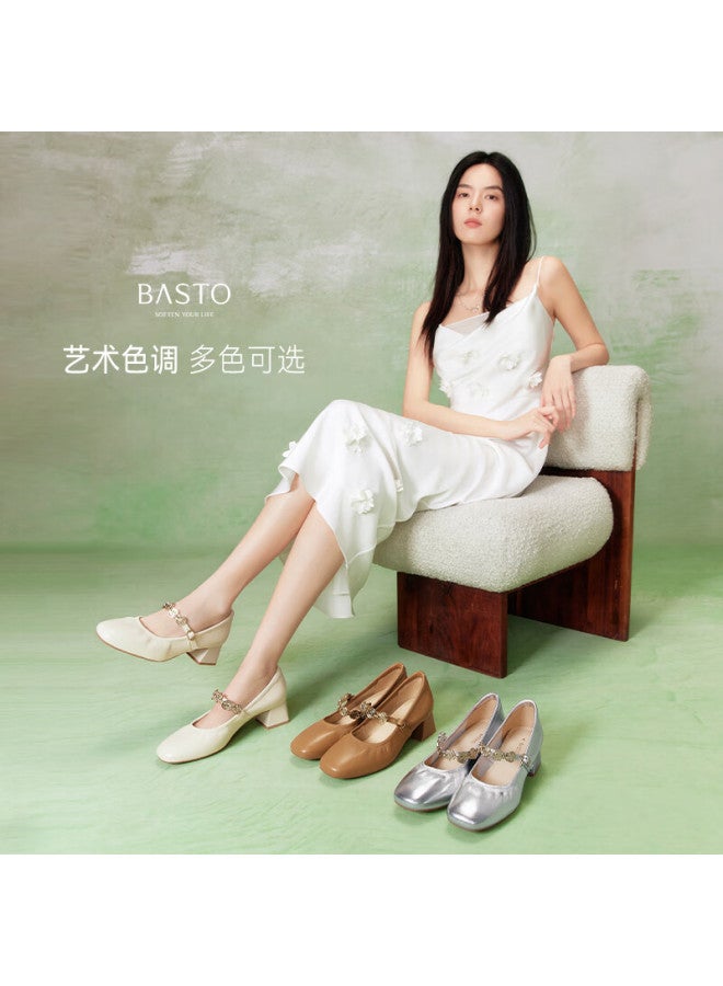 Basto Spring Mall-matching Retro Commuter Mary Jane Shoes, Chunky Heel Women's Pumps A1622aq5, Beige, Size 36 - Image 1