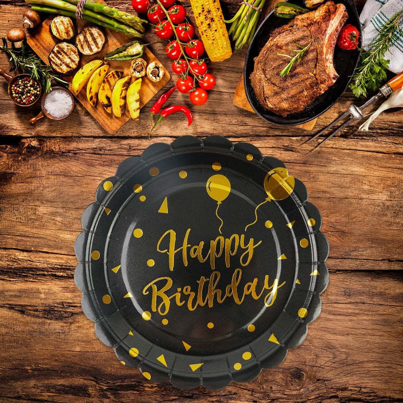 HFBOBP 50PCS Happy Birthday Paper Plates and Napkins - 7 Inch Birthday Cake Plates Scalloped Black and Gold Dessert Plates and 6.5 Inch Napkins Disposable Tableware Set, Serves 25 - Image 2