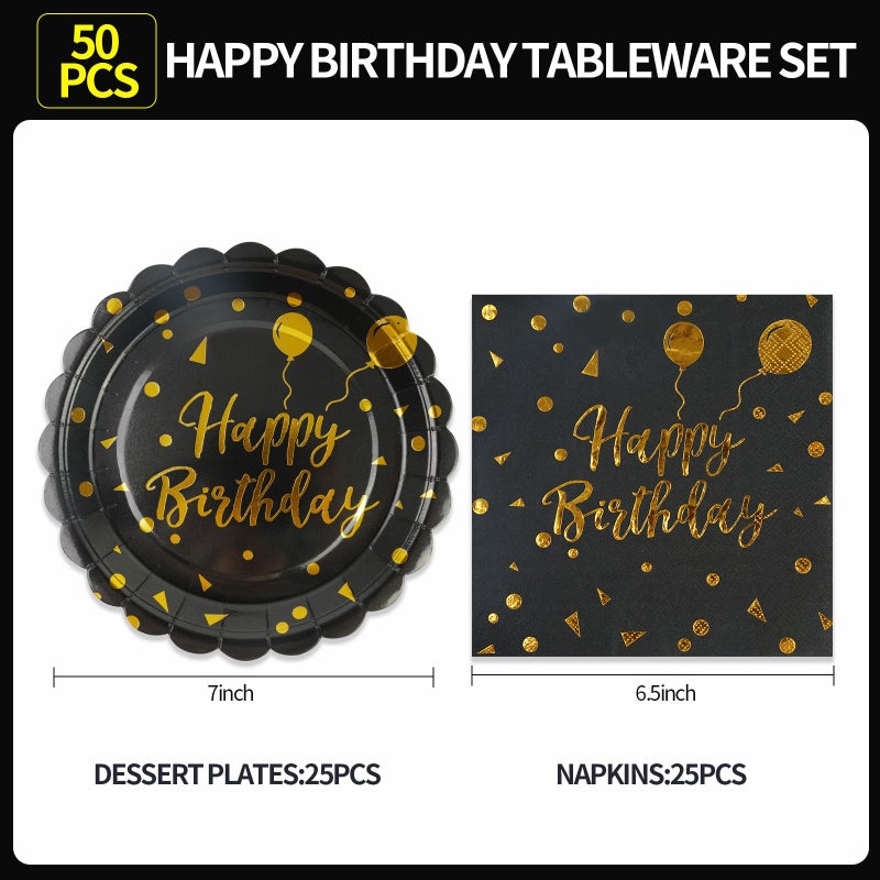 HFBOBP 50PCS Happy Birthday Paper Plates and Napkins - 7 Inch Birthday Cake Plates Scalloped Black and Gold Dessert Plates and 6.5 Inch Napkins Disposable Tableware Set, Serves 25 - Image 3