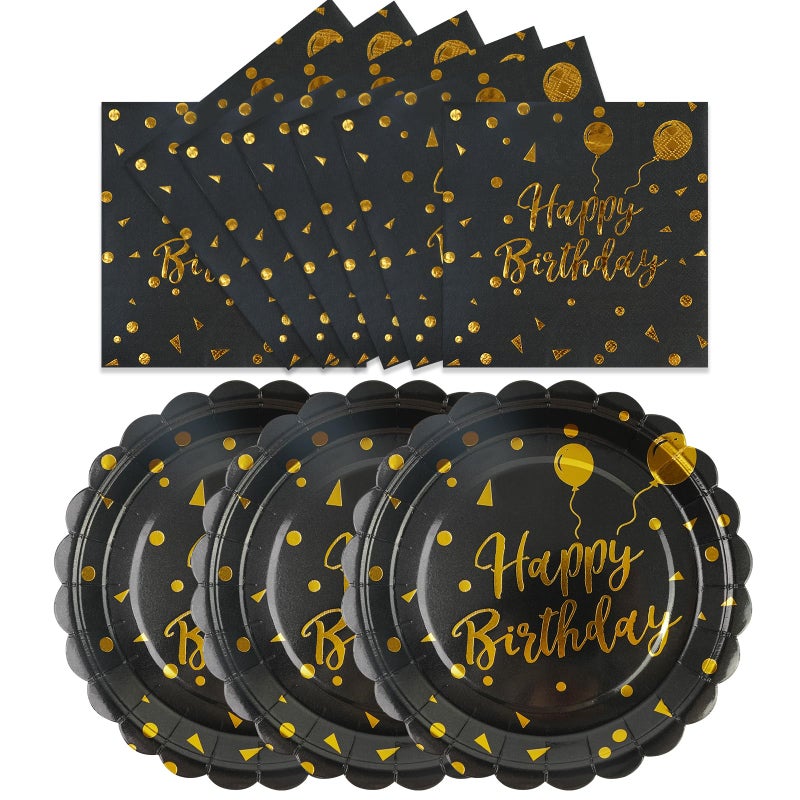 HFBOBP 50PCS Happy Birthday Paper Plates and Napkins - 7 Inch Birthday Cake Plates Scalloped Black and Gold Dessert Plates and 6.5 Inch Napkins Disposable Tableware Set, Serves 25 - Image 1