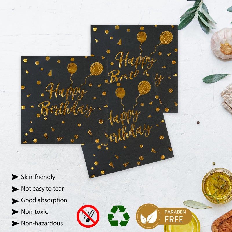 HFBOBP 50PCS Happy Birthday Paper Plates and Napkins - 7 Inch Birthday Cake Plates Scalloped Black and Gold Dessert Plates and 6.5 Inch Napkins Disposable Tableware Set, Serves 25 - Image 5