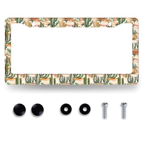 MUAWUOIK Colorful Cactus Pattern License Plate Frame Tropical Cactus License Plate Holders Funny Stainless Steel Car Bracket 2 Holes with Screws Universal Auto Accessory License Plate Frames 62x122 Inch - Image 1