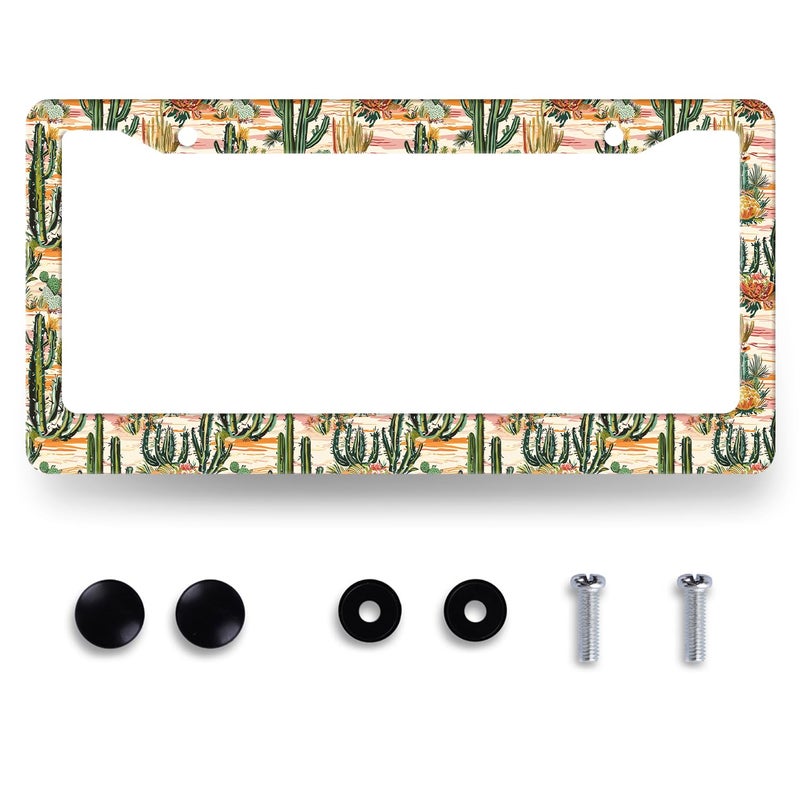 MUAWUOIK Colorful Cactus Pattern License Plate Frame Tropical Cactus License Plate Holders Funny Stainless Steel Car Bracket 2 Holes with Screws Universal Auto Accessory License Plate Frames 62x122 Inch - Image 3