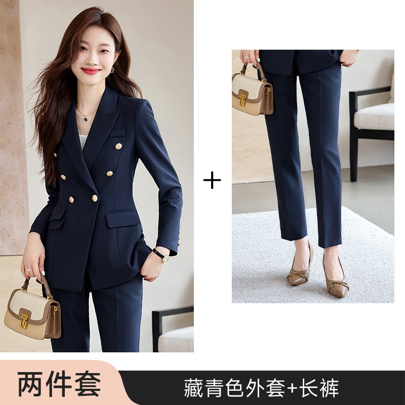 Grey Suit suit Womens 2024 New Autumn and Winter Elegant Work Clothes Professional Dress Autumn Casual Suit Jacket Navy blue jacket + trousers 