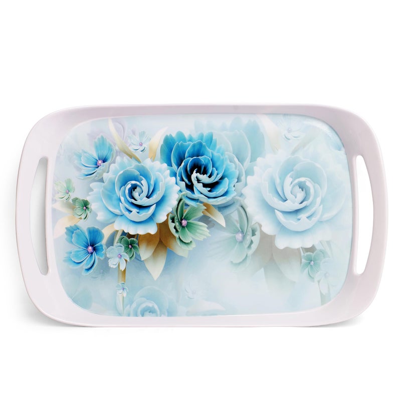 Home Pro Home-Pro - Melamine Serving Tray | Blue Floral Design | Ideal Tray for Serving Snacks/Tea/Coffee | Small Size Tray (30 * 22.5 cm) Pack of 2 - Image 3