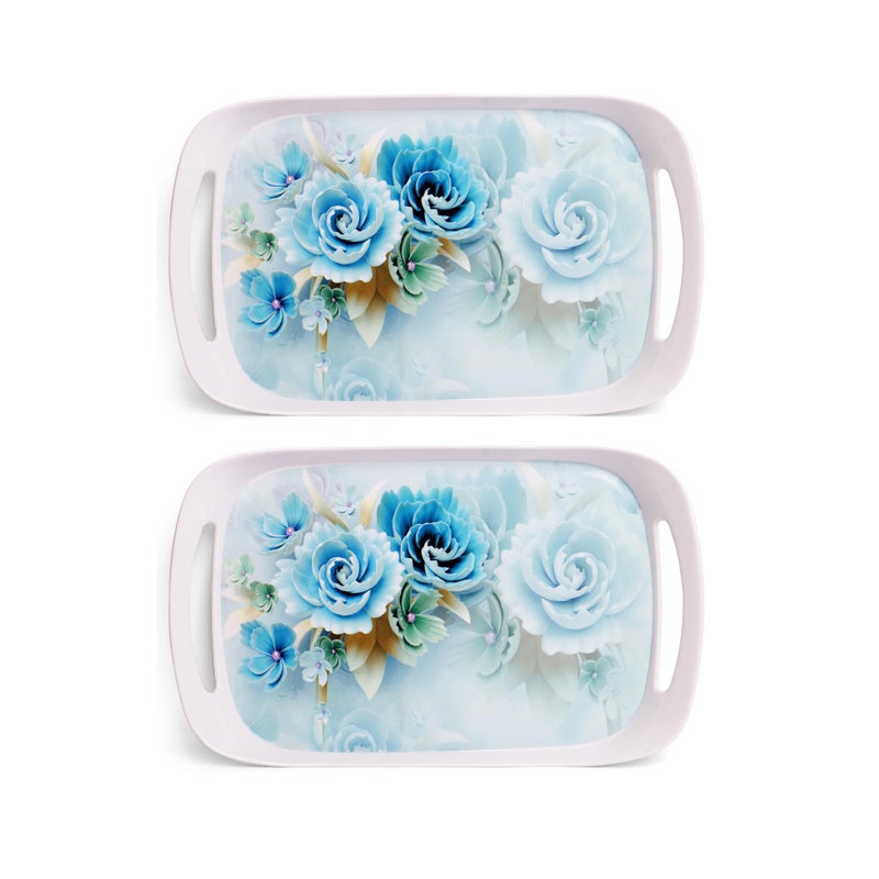 Home Pro Home-Pro - Melamine Serving Tray | Blue Floral Design | Ideal Tray for Serving Snacks/Tea/Coffee | Small Size Tray (30 * 22.5 cm) Pack of 2 - Image 1