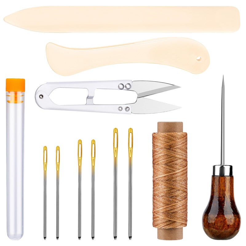 Wonvoc 12 Pieces Bookbinding Kit with Bone Folder, Awl, Waxed Thread, Needles, Starter Set for DIY Book Binding, Journal Making, Leather Craft