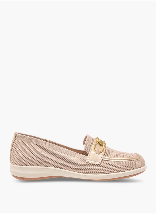 Textured Slip-On Loafers with Buckle Accent