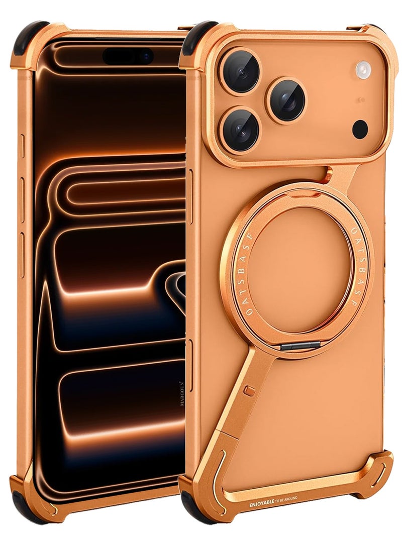 Minimalist Phone Cover for iPhone 17 Pro Max, 360° Rotation Kickstand Aluminum Metal Frameless Design Bumper Z Case, Protective Shock Grade Shell - Cosmic Orange - Image 3