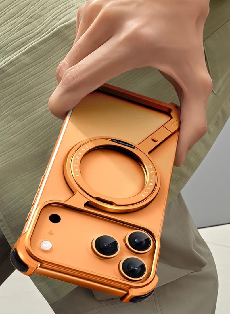 Minimalist Phone Cover for iPhone 17 Pro Max, 360° Rotation Kickstand Aluminum Metal Frameless Design Bumper Z Case, Protective Shock Grade Shell - Cosmic Orange - Image 4