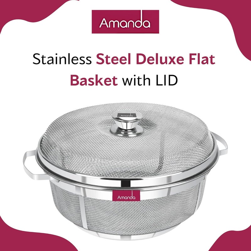 Amanda Stainless Steel Deluxe Flat Basket with LID Used for Keeping Fruits Vegetables Premium 304 Food Grade Stainless Steel Size no 1026cms Diameter - Image 2