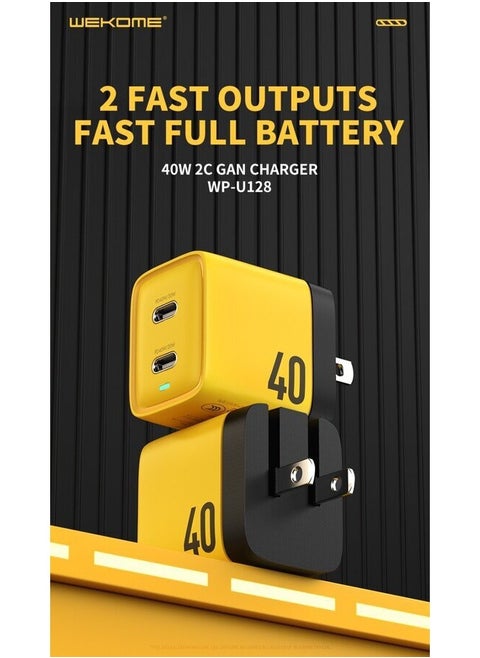 40W Power Adapter, Fast Output for Simultaneous Use Dual Port, Yellow Color, Type-C Output
