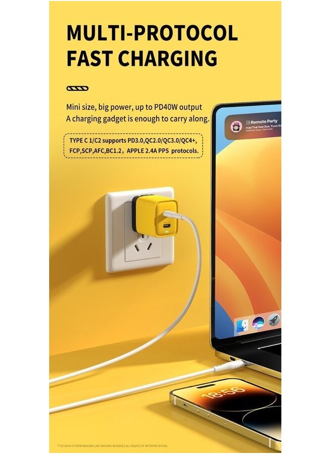 40W Power Adapter, Fast Output for Simultaneous Use Dual Port, Yellow Color, Type-C Output