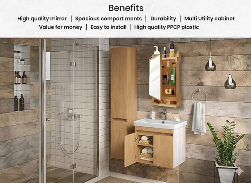 BRANCO Bathroom Cabinet with Mirror | Storage Organiser | Strong Plastic Bathroom Shelves Wall Mounted | Mirror Cabinet (Champagne Gold) - Image 4