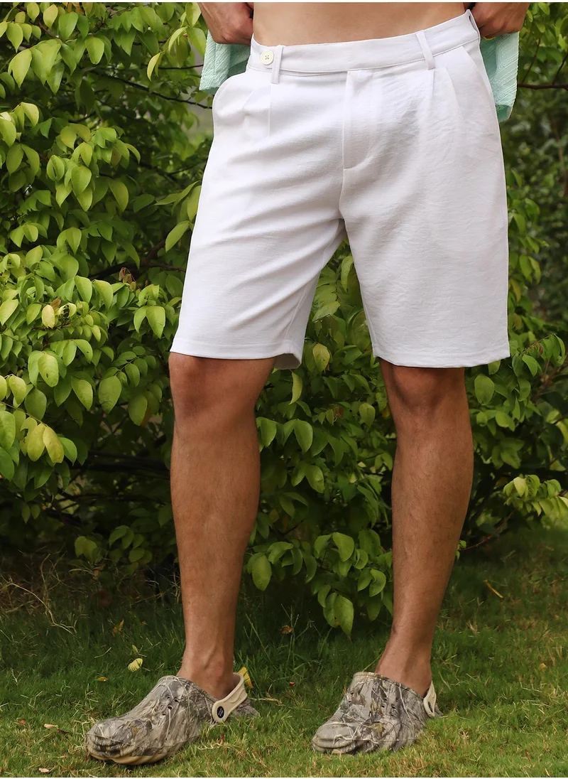 Campus Sutra Men's Chalk White Tailored Poly-Linen Shorts