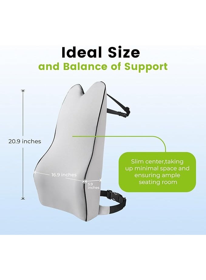 Back Support Cushion with 2 Straps Designed for Car Seat,Balanced Softness High Density Memory Foam Lumbar Support Pillow with Ergonomic Streamline Designed for Sciatic Pain Relief,Gray - Image 2