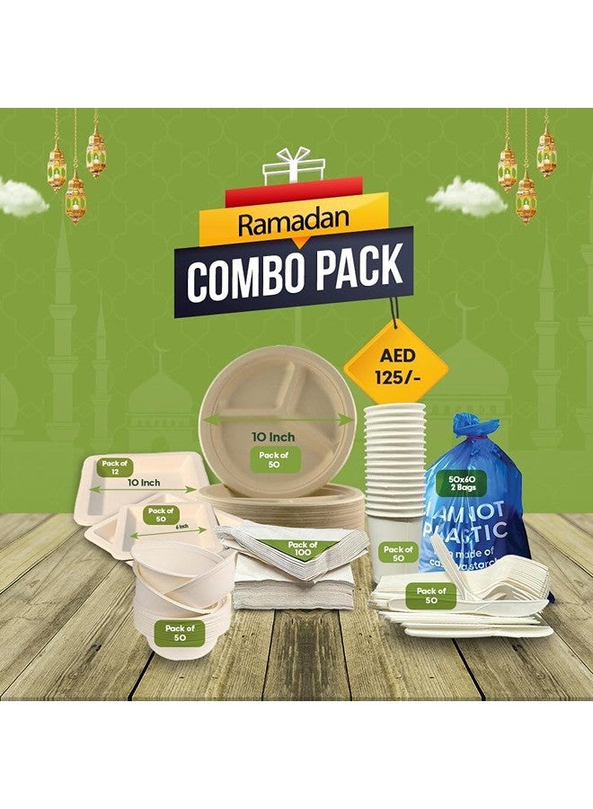 ECOWAY ecoway Disposable Dinner Set Specially For Ramadan Biodegradable Ecofreindly Sugar Cane Plate, Paper Bowls, Cups, Cutlery Set, Garbage Bag and Tissue For 50 Pepole - Image 5