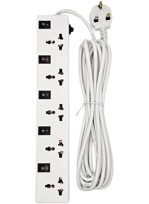 promass 5-Outlet Extension Cord with Individual Switches, 5-Meter Long Cable, Universal Socket Design, Fire-Resistant, Space-Saving Slim Profile - Ideal for Home and Office Use