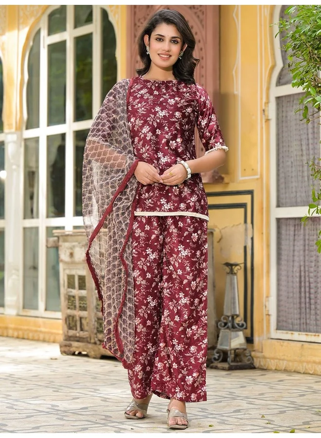 أيه كيه إس AKS Couture Round Neck Floral Printed Straight Kurti with Palazzos & Dupatta