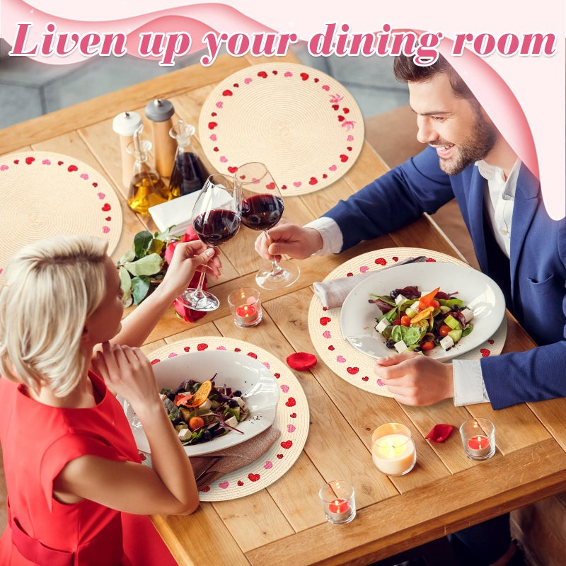 Remerry Valentine's Day Placemats Set of 6 Heart Embroidered Round Placemats Round Braided Place Mats Decorative Dinner Table Mats for Valentine's Day Holiday Kitchen Dining Table Decoration - Image 5