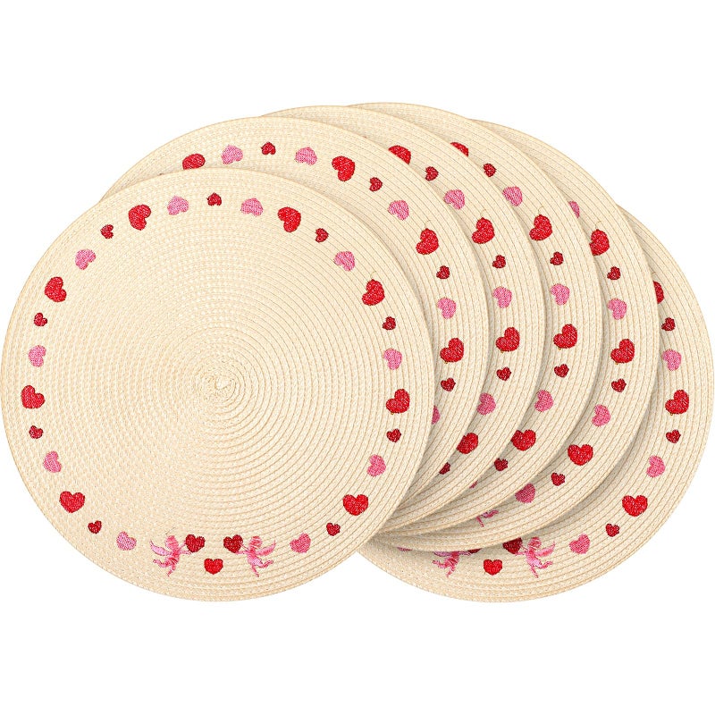 Remerry Valentine's Day Placemats Set of 6 Heart Embroidered Round Placemats Round Braided Place Mats Decorative Dinner Table Mats for Valentine's Day Holiday Kitchen Dining Table Decoration - Image 1