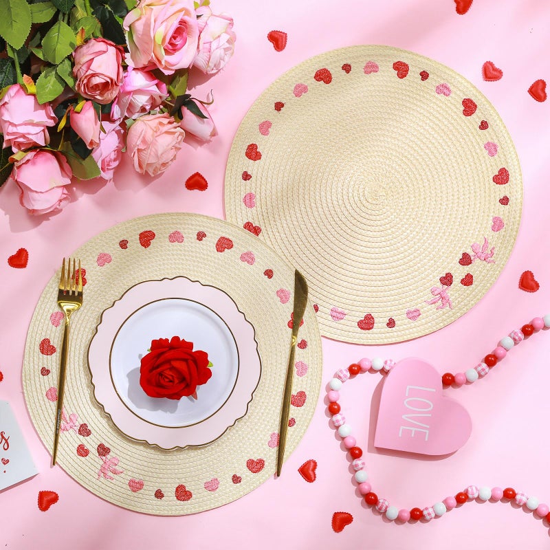 Remerry Valentine's Day Placemats Set of 6 Heart Embroidered Round Placemats Round Braided Place Mats Decorative Dinner Table Mats for Valentine's Day Holiday Kitchen Dining Table Decoration - Image 4