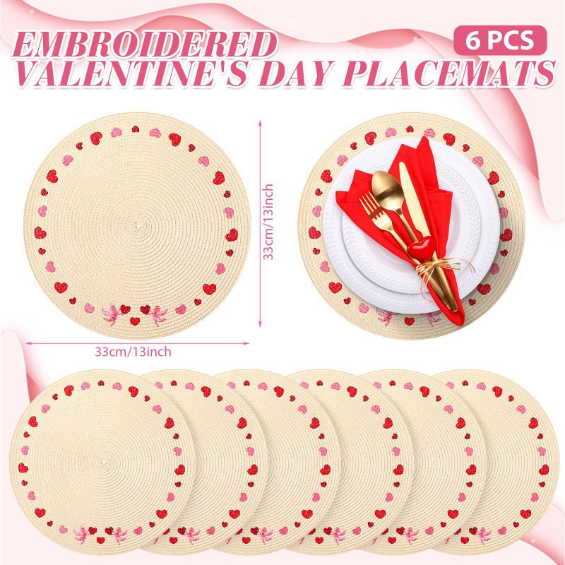 Remerry Valentine's Day Placemats Set of 6 Heart Embroidered Round Placemats Round Braided Place Mats Decorative Dinner Table Mats for Valentine's Day Holiday Kitchen Dining Table Decoration - Image 2