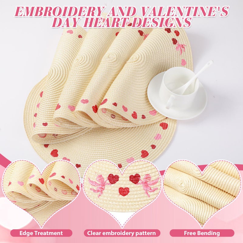 Remerry Valentine's Day Placemats Set of 6 Heart Embroidered Round Placemats Round Braided Place Mats Decorative Dinner Table Mats for Valentine's Day Holiday Kitchen Dining Table Decoration - Image 3