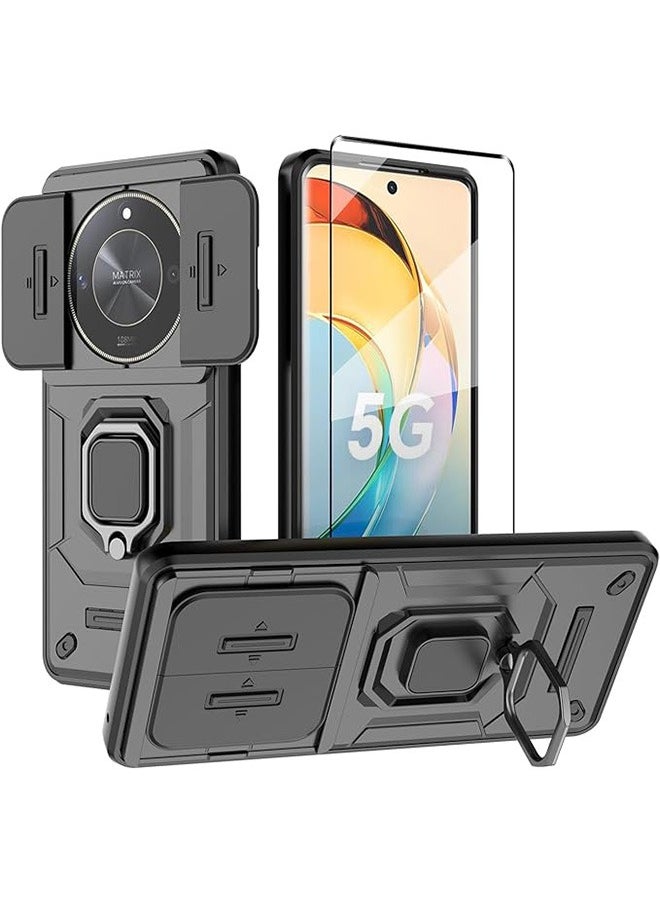 Generic - [1+1pcs] Compatible with Honor X9b 5G Case & 9H Tempered Glass 3D Screen Protector, Ring Kickstand and Sliding Camera Cover with Kickstand, Shockproof Case, Anti-Fall Drop Protection (Black) - Image 1