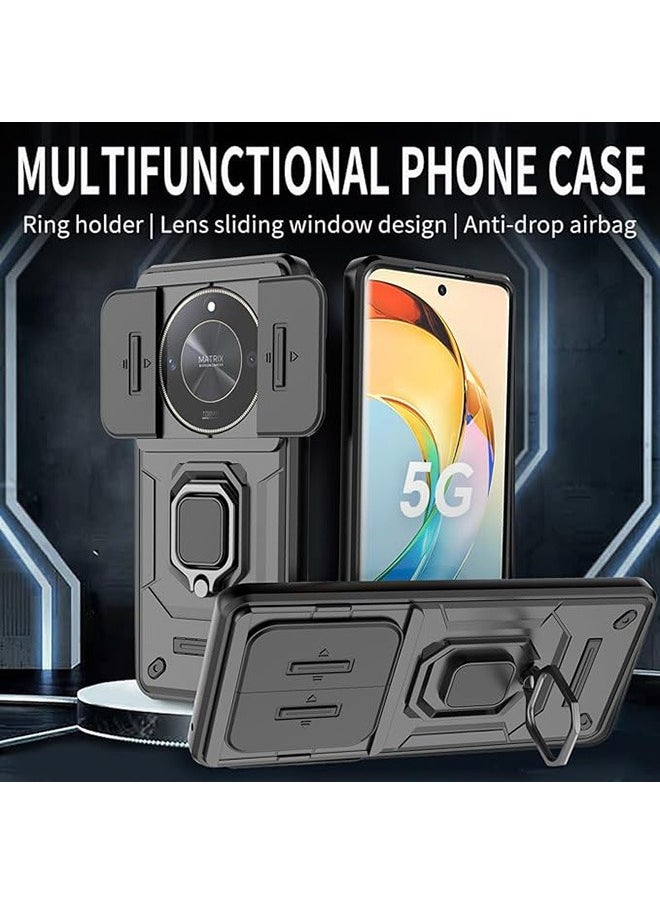 Generic - [1+1pcs] Compatible with Honor X9b 5G Case & 9H Tempered Glass 3D Screen Protector, Ring Kickstand and Sliding Camera Cover with Kickstand, Shockproof Case, Anti-Fall Drop Protection (Black) - Image 1