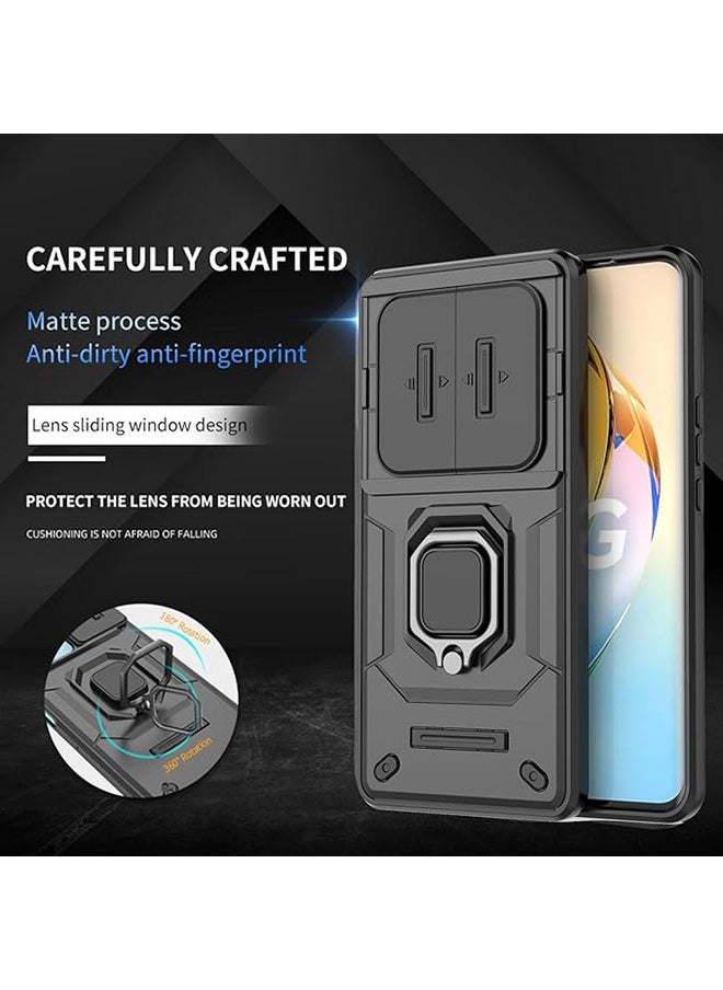 Generic - [1+1pcs] Compatible with Honor X9b 5G Case & 9H Tempered Glass 3D Screen Protector, Ring Kickstand and Sliding Camera Cover with Kickstand, Shockproof Case, Anti-Fall Drop Protection (Black) - Image 1