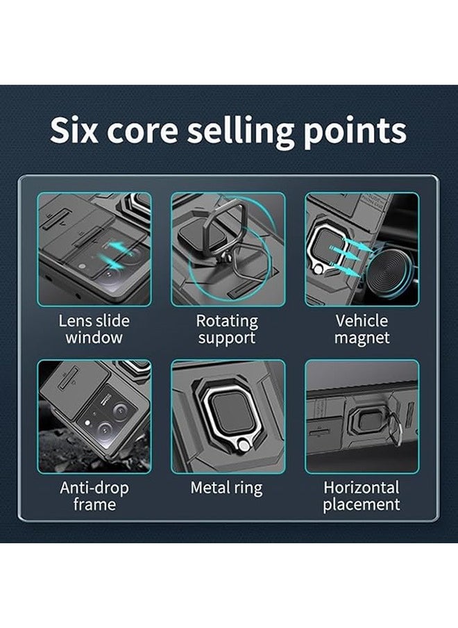 Generic - [1+1pcs] Compatible with Honor X9b 5G Case & 9H Tempered Glass 3D Screen Protector, Ring Kickstand and Sliding Camera Cover with Kickstand, Shockproof Case, Anti-Fall Drop Protection (Black) - Image 1