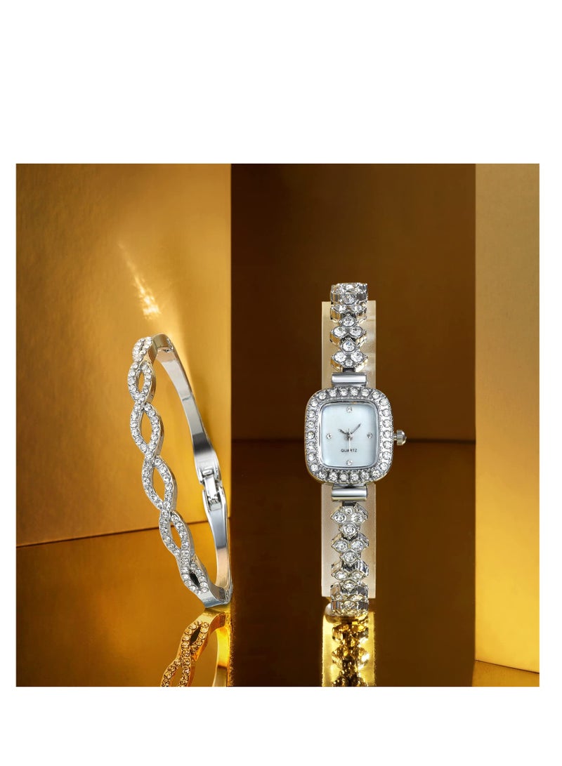 SOLARAE Elegant Watch and Bracelet Set for Women Rhinestone ling Iced Out Wrist Watch Mother of Pearl Ladies Bracelet Watches - Image 3