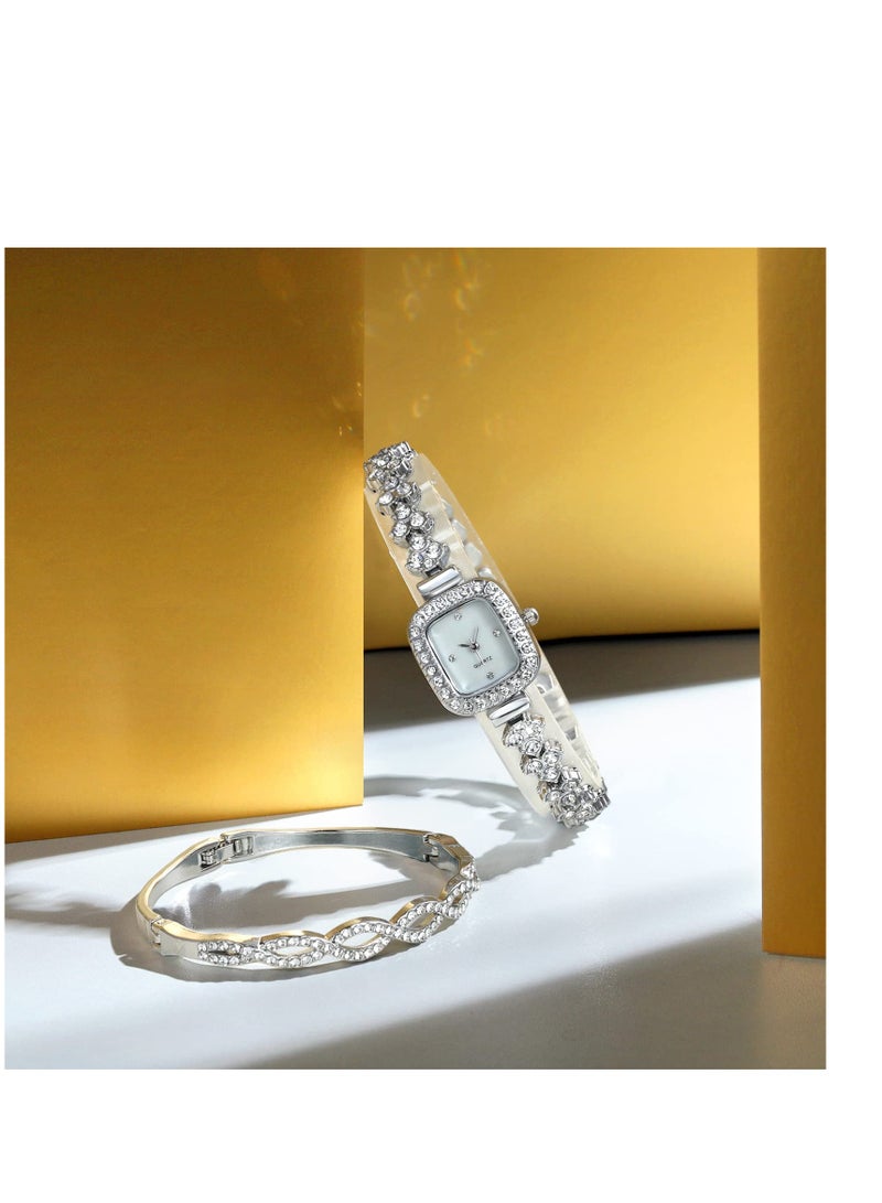 SOLARAE Elegant Watch and Bracelet Set for Women Rhinestone ling Iced Out Wrist Watch Mother of Pearl Ladies Bracelet Watches - Image 4