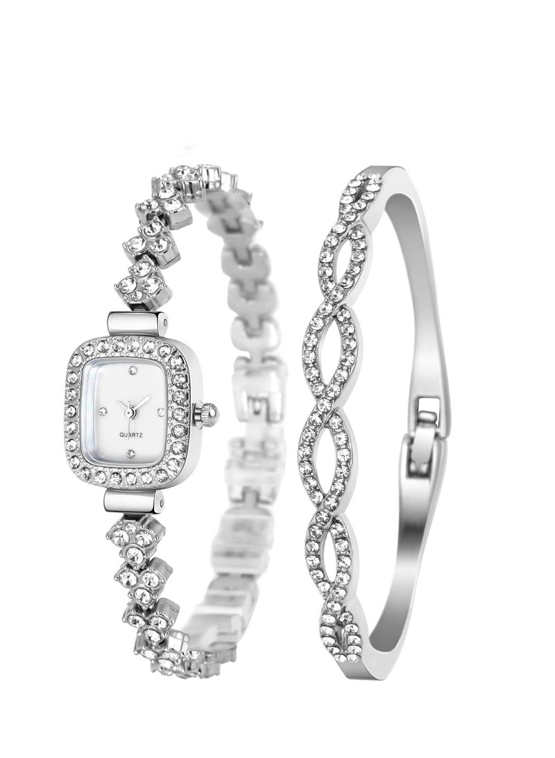 SOLARAE Elegant Watch and Bracelet Set for Women Rhinestone ling Iced Out Wrist Watch Mother of Pearl Ladies Bracelet Watches - Image 1