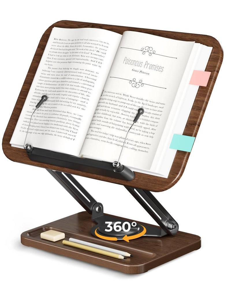 SupeDesk Adjustable Book Stand for Reading, Book Holder with 360° Rotation Base, Height Adjustable Book Reading Stand with Extendable Page Clips — Wooden Stand Holder for Cookbook, Receipe Book, Thick Book - Image 1