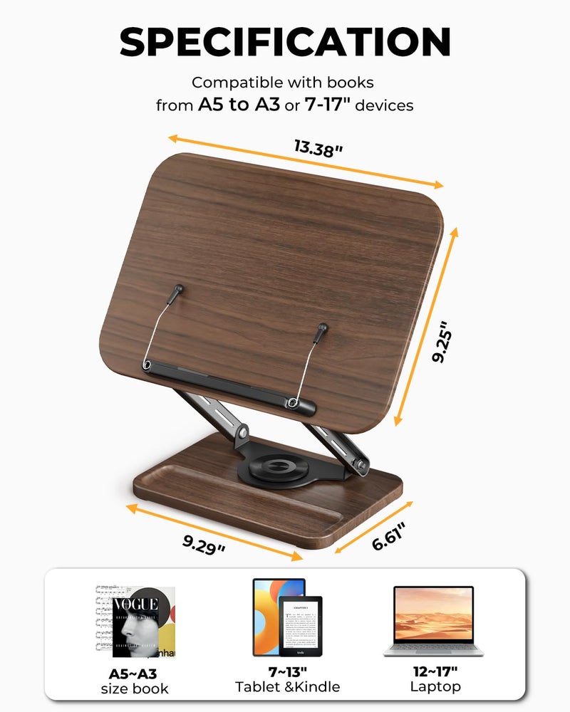 SupeDesk Adjustable Book Stand for Reading, Book Holder with 360° Rotation Base, Height Adjustable Book Reading Stand with Extendable Page Clips — Wooden Stand Holder for Cookbook, Receipe Book, Thick Book - Image 4