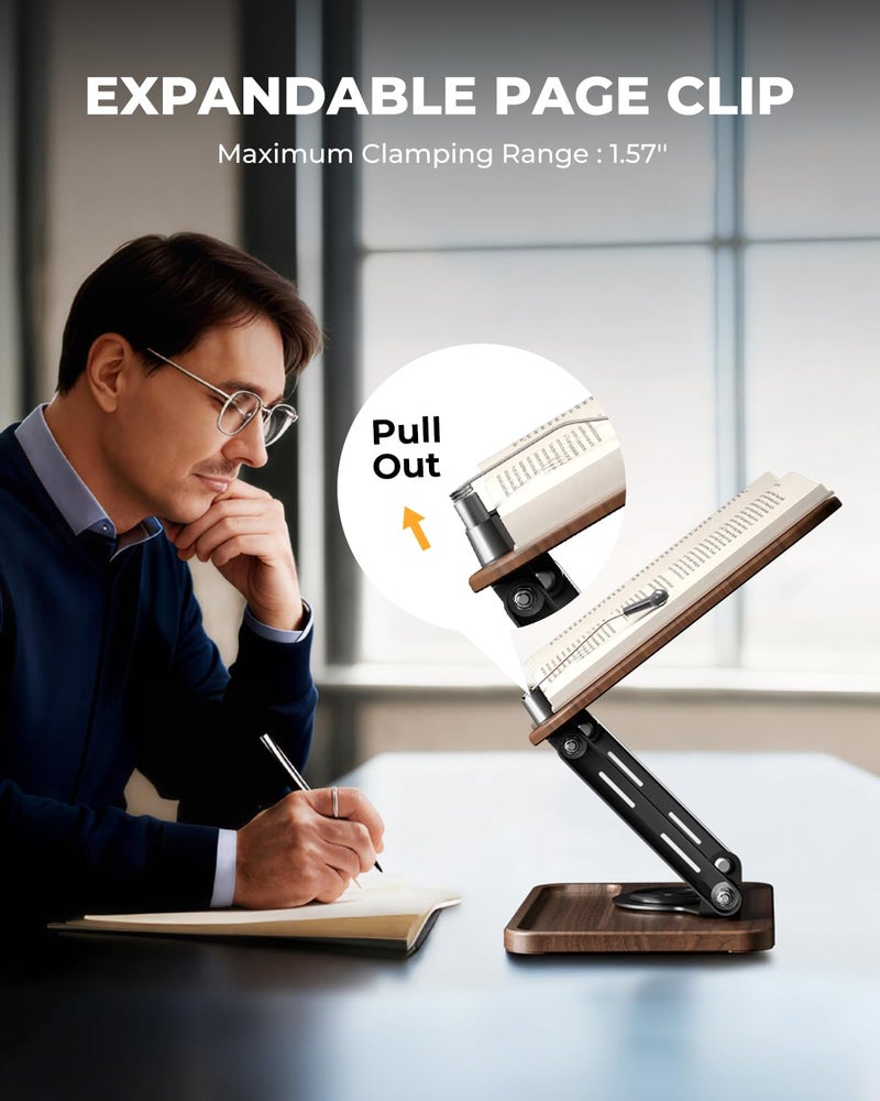 SupeDesk Adjustable Book Stand for Reading, Book Holder with 360° Rotation Base, Height Adjustable Book Reading Stand with Extendable Page Clips — Wooden Stand Holder for Cookbook, Receipe Book, Thick Book - Image 3