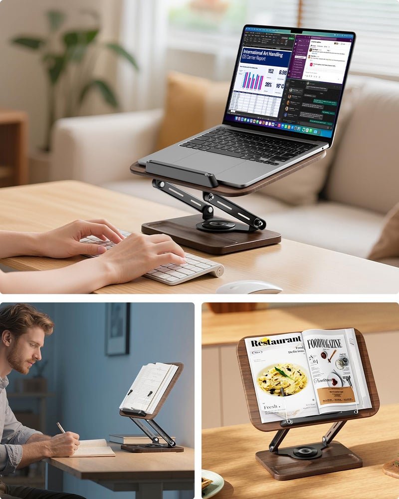 SupeDesk Adjustable Book Stand for Reading, Book Holder with 360° Rotation Base, Height Adjustable Book Reading Stand with Extendable Page Clips — Wooden Stand Holder for Cookbook, Receipe Book, Thick Book - Image 2
