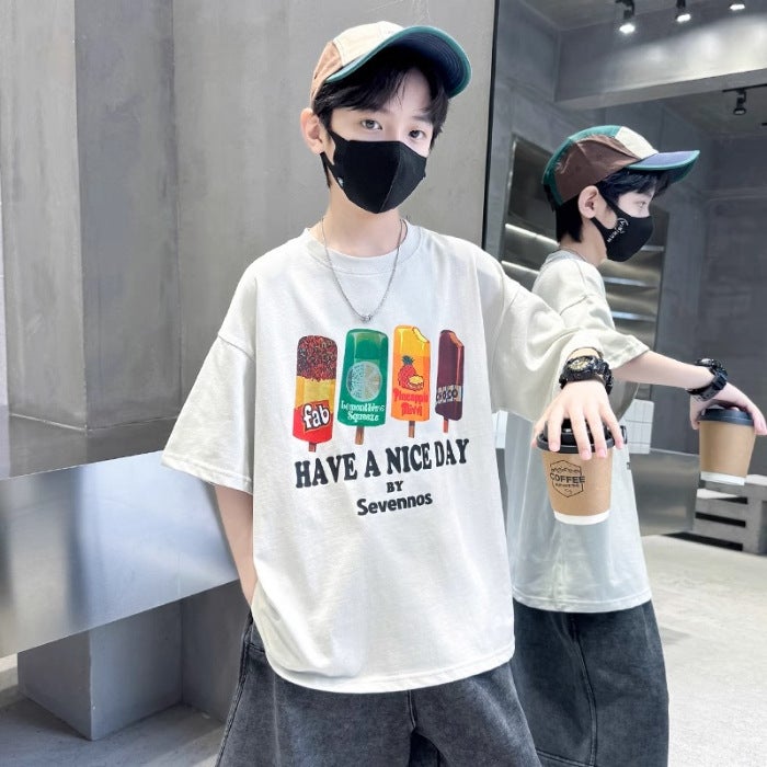 Boys Summer T-Shirt Short-Sleeved Children'S Summer Cotton Half-Sleeved T-Shirt Boys Trendy Brand Fried Street Top T - Image 1