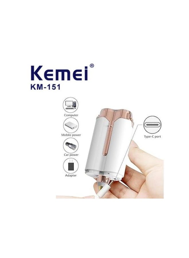 KEMI The Kemei 2-in-1 facial and eyebrow hair removal device is suitable for all skin types. It effectively removes unwanted facial hair and features an ergonomic design for easy access to sensitive areas. Its compact size and portability make it ideal for daily use. KM-151 - Image 5