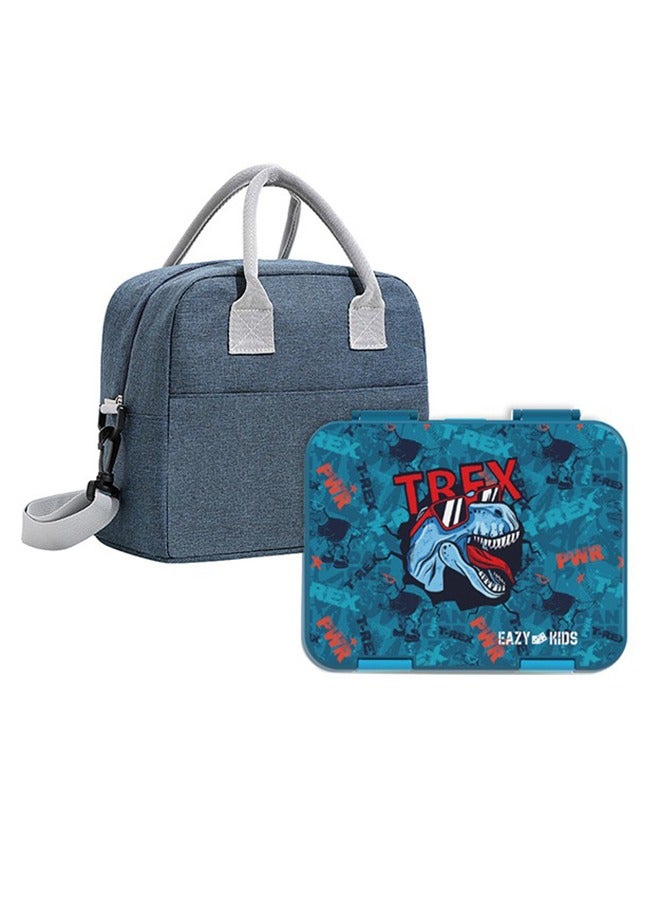 Eazy Kids 6 And 4 Convertible Compartment Bento Lunch Box With Lunch Bag And Sandwich Cutter Set - Trex Blue - Image 1