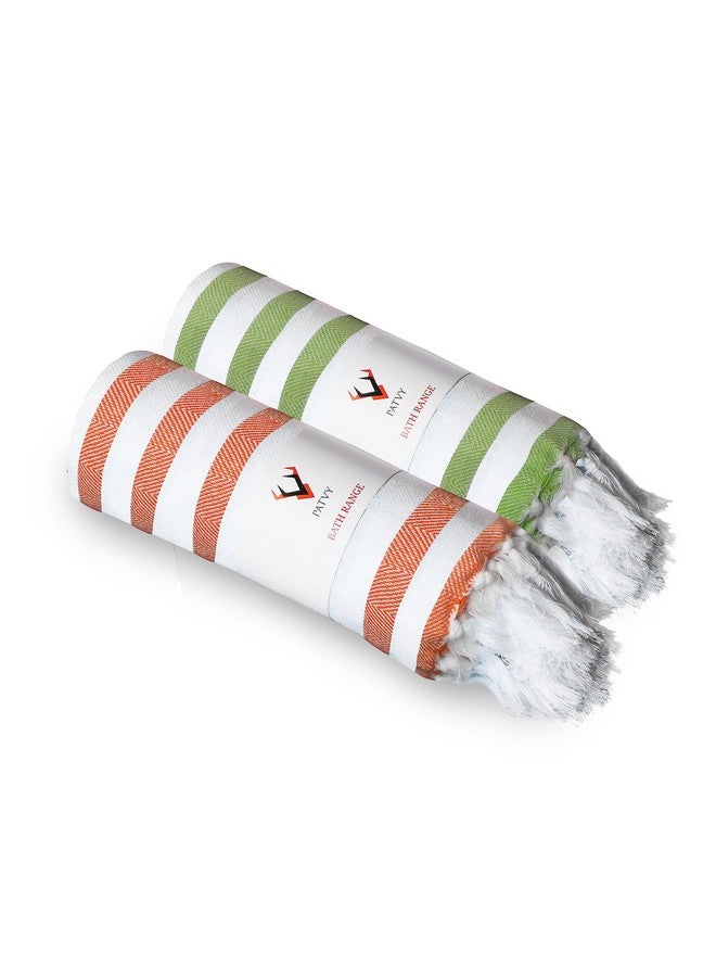 PATVY Bath Towels| Light Weight Turkish Style Stripe Bath Towels For Men Large Size Cotton|70 X 150Cm Quick Absorption &Faster Drying Bath Towel For Women| 140 Tc Cotton (Pack Of 2,Green & Orange) - Image 1